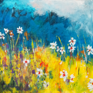 Wildflower Meadow — abstract painting featuring vibrant yellow grasses, delicate white wildflowers, deep blue and turquoise tones, and a soft atmospheric sky.